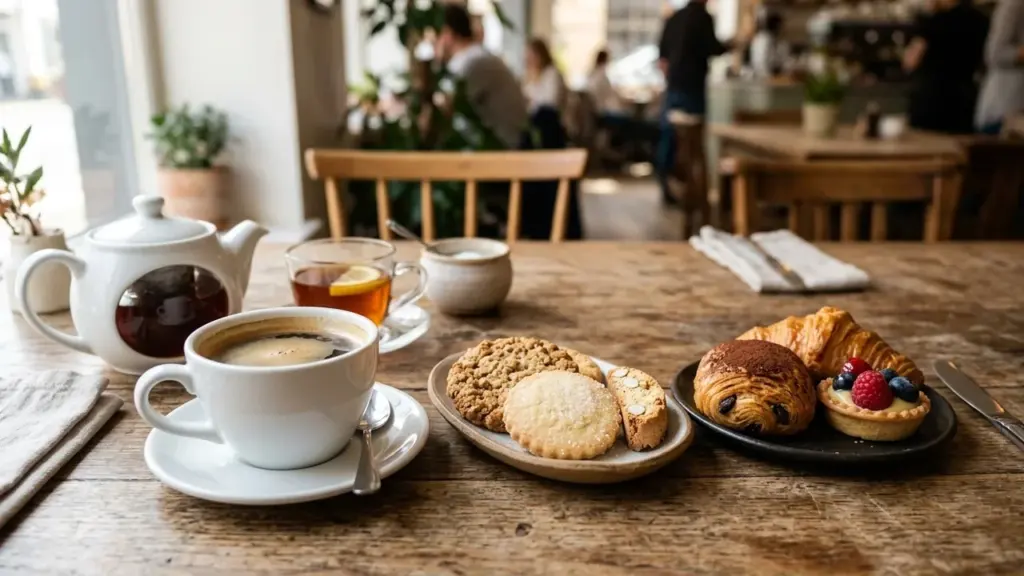 Une table en bois avec du café, du thé, des biscuits et des pâtisseries.