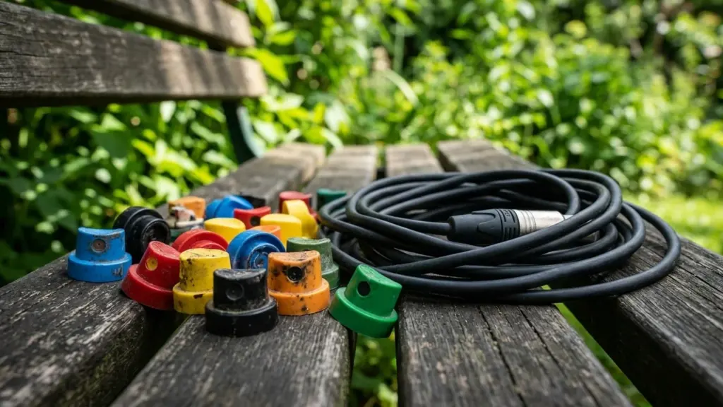 Plusieurs embouts de bombes aérosols colorés et un câble audio noir sur un banc en bois.