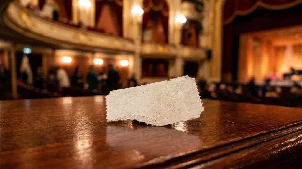 Un ticket en papier vierge posé sur une surface en bois dans un théâtre élégant.