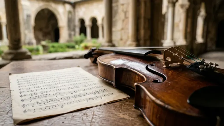 Un violon ancien repose sur une table en bois près d'une partition musicale manuscrite.