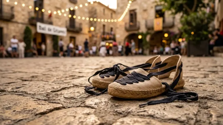 Une paire d'espadrilles beiges à lacets noirs posée sur une place pavée ancienne.