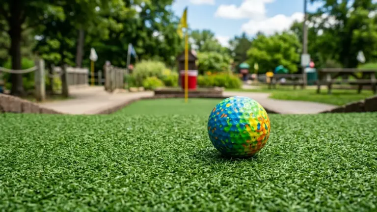 Une balle de mini-golf multicolore posée sur un gazon synthétique vert par une journée ensoleillée.