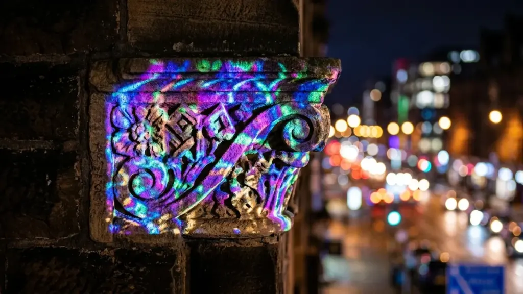 Gros plan sur un chapiteau de colonne en pierre illuminé par des lumières néon colorées.