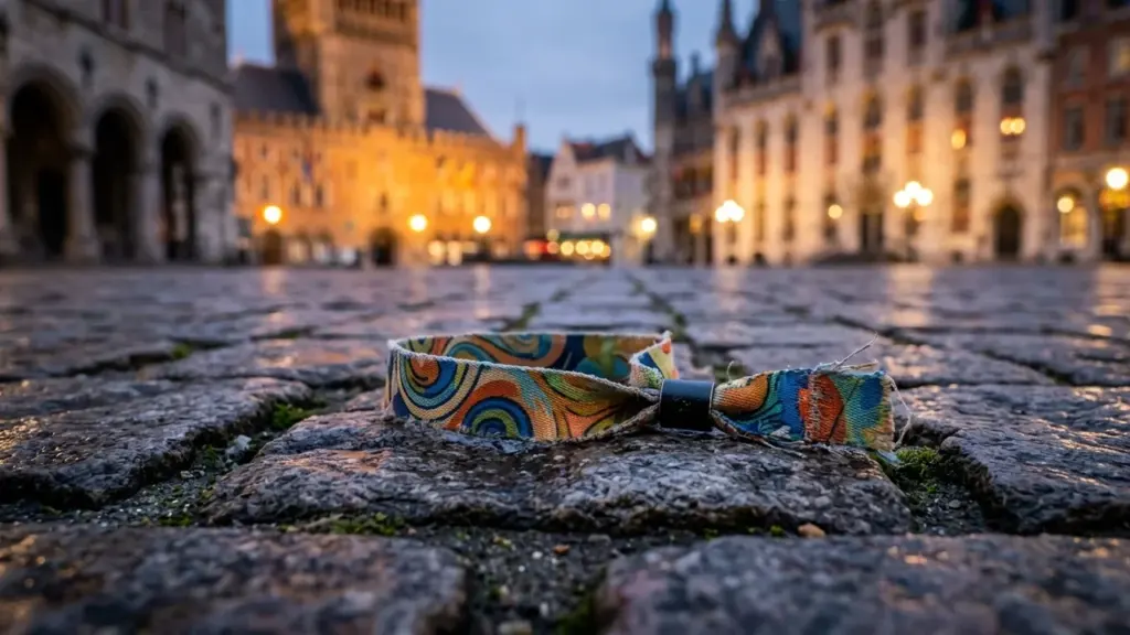 Un bracelet de festival coloré posé sur les pavés d'une place urbaine historique illuminée.