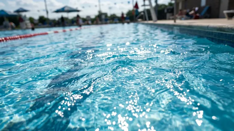 Gros plan au ras de l'eau sur une piscine extérieure ensoleillée avec des nageurs.