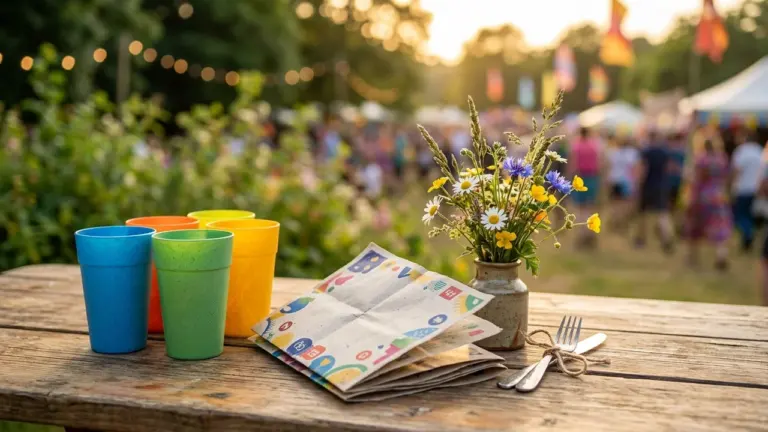 Gobelets colorés, fleurs des champs en pot et couverts sur une table en bois.
