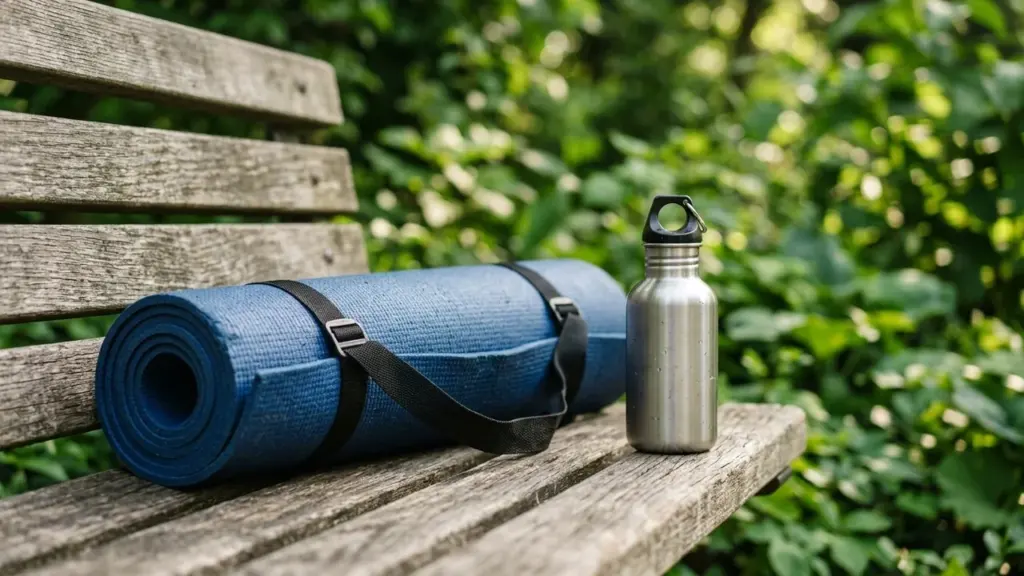 Un tapis de yoga bleu enroulé et une gourde en métal sur un banc en bois.