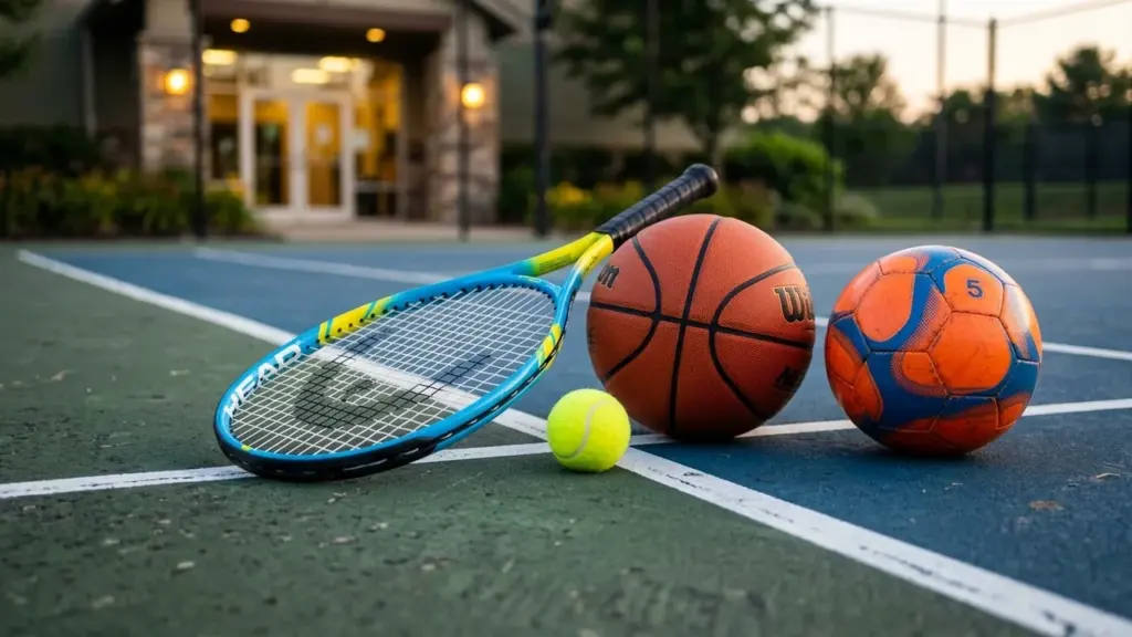 Une raquette de tennis, un ballon de basket, un ballon de football et une balle jaune.