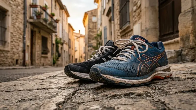 Une paire de chaussures de running Asics posée sur une rue pavée en ville.