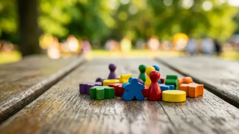 Plusieurs pions de jeu de société colorés posés sur une table en bois extérieur.