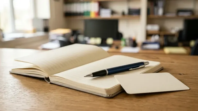 Un carnet ouvert avec un stylo bleu et une carte blanche sur un bureau.