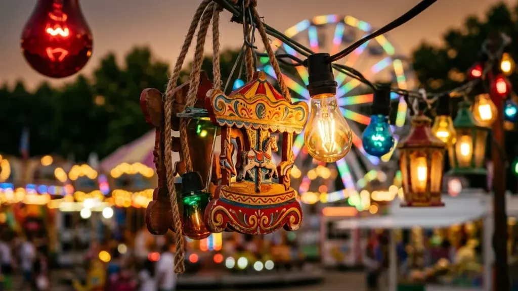 Une décoration de carrousel miniature suspendue entourée de guirlandes lumineuses devant une grande roue floue.