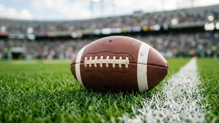 Un ballon de football américain posé sur le gazon près d'une ligne blanche