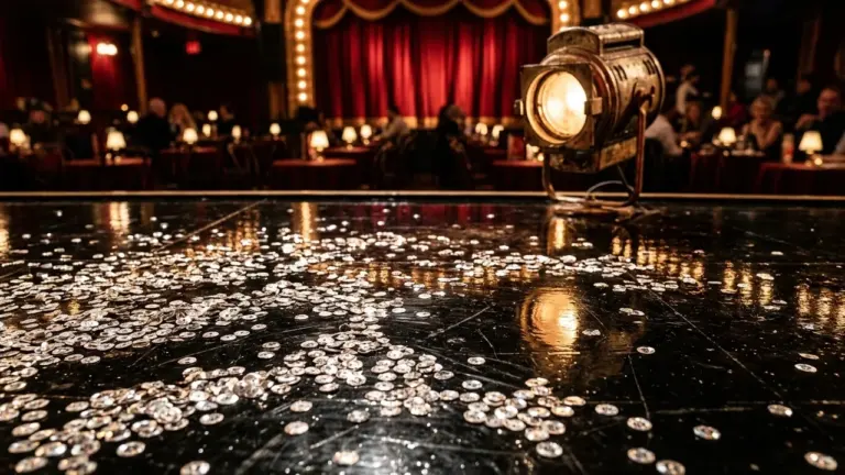 Un projecteur vintage éclaire une scène de théâtre noire jonchée de confettis brillants.