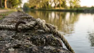 Une corde épaisse attachée à un anneau métallique rouillé sur le bord d'un canal.