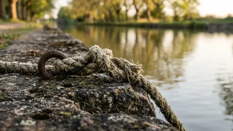 Une corde épaisse attachée à un anneau métallique rouillé sur le bord d'un canal.