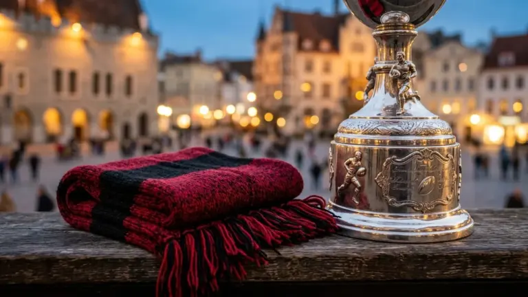 Un trophée de rugby en argent posé à côté d'une écharpe rayée rouge et noire.