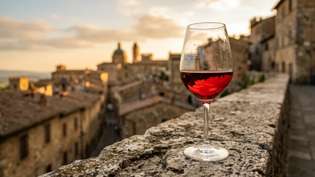 Un verre de vin rouge posé sur un muret en pierre surplombant un village italien.