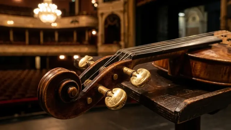 Gros plan sur le manche d'un violon posé sur une scène d'opéra vide.
