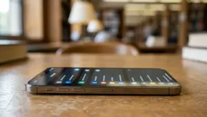 Un smartphone posé sur une table en bois affichant une interface d'égaliseur sonore numérique.