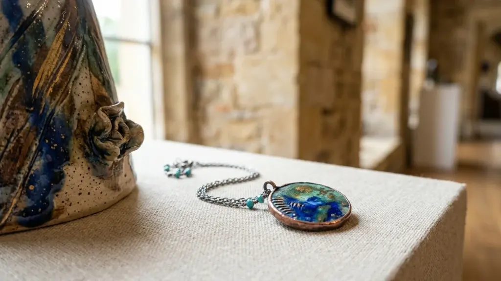 Un pendentif artisanal circulaire aux teintes bleues et dorées posé sur un socle beige.