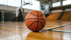 Un ballon de basket orange est posé sur le parquet d'un gymnase intérieur vide.