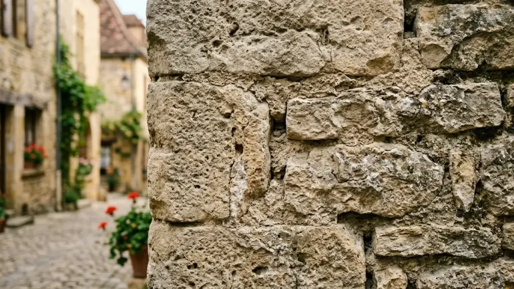 Gros plan sur un mur en pierre ancienne dans une ruelle médiévale pittoresque.
