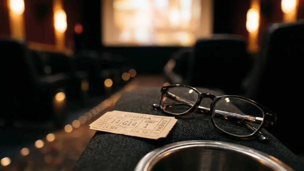 Une paire de lunettes et un ticket de cinéma posés sur un fauteuil sombre.