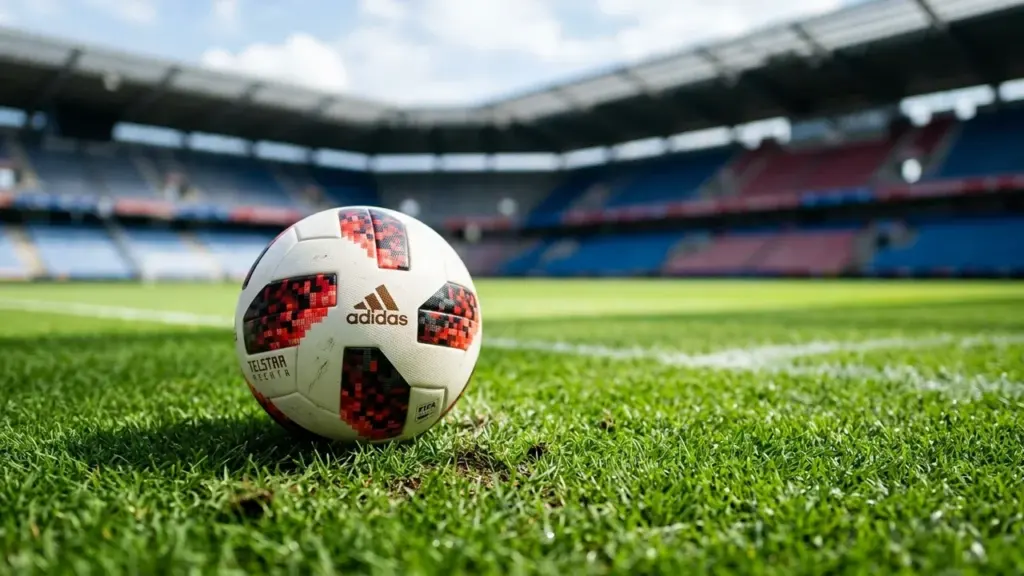 Un ballon de football Adidas Telstar posé sur le gazon d'un stade vide.
