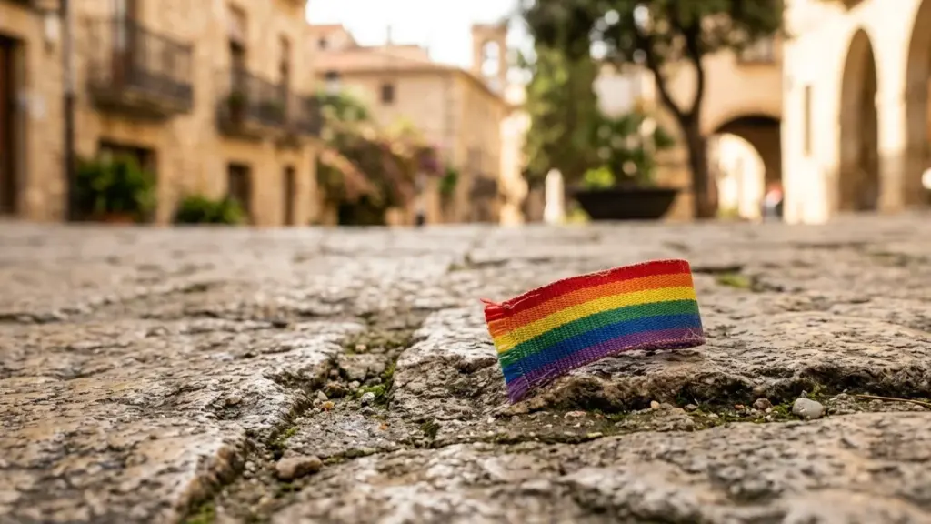 Un bracelet aux couleurs arc-en-ciel posé sur un sol pavé dans une rue ancienne.