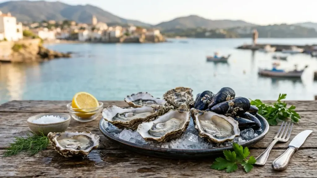 Plateau de fruits de mer avec huîtres et moules sur glace devant un port méditerranéen.