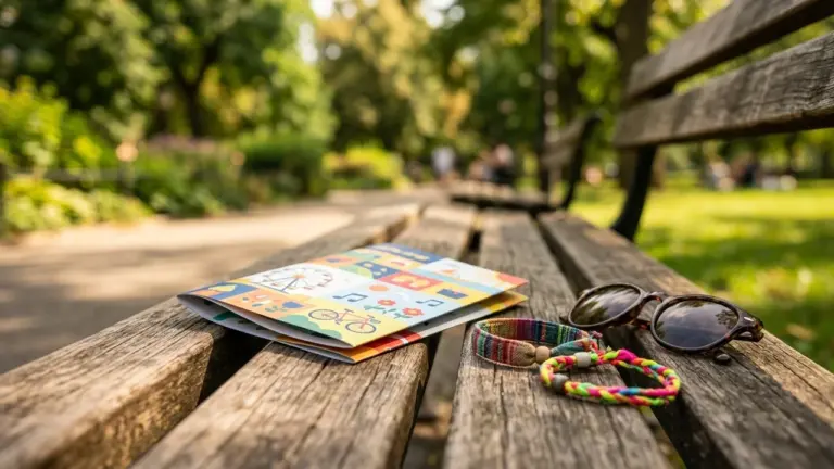 Un banc en bois dans un parc avec une brochure, des bracelets et des lunettes.