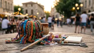 Des bracelets tressés colorés, un pinceau et du matériel de loisirs créatifs sur une table.