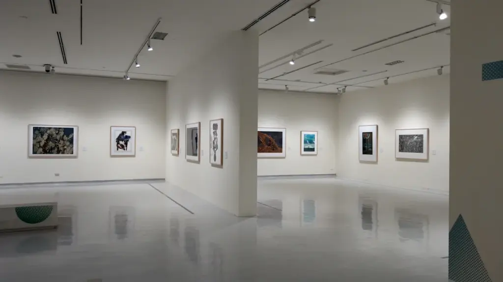 Vue d'ensemble d'une galerie d'art contemporain avec des peintures sur des murs blancs.