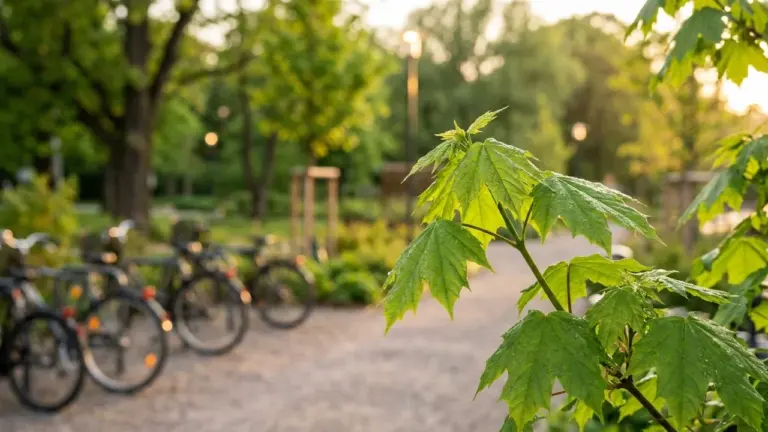 Gros plan sur des feuilles d'érable vertes avec des vélos garés en arrière-plan flou.