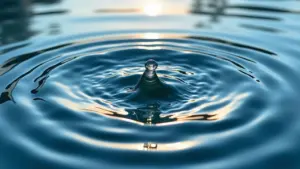 Une goutte d'eau percute la surface lisse créant des ondulations circulaires dans la lumière.