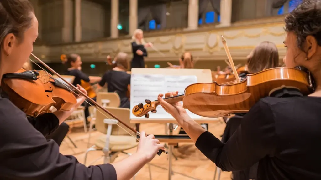 Violonistes jouant en orchestre dans une salle de concert classique professionnelle.
