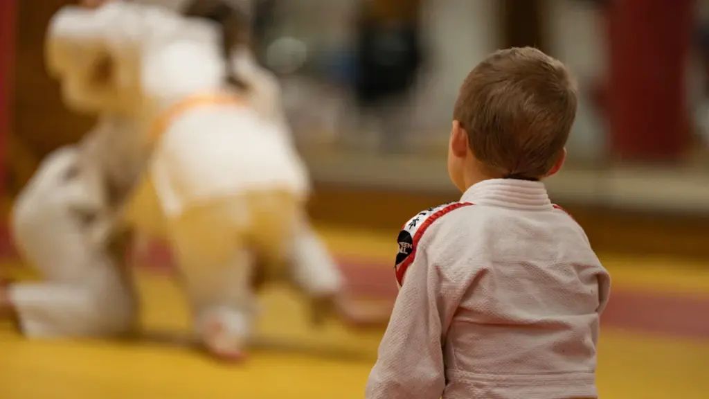 Un jeune enfant observe attentivement un cours de judo dans un dojo.