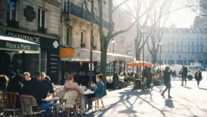 Des personnes travaillant ou discutant à une terrasse de café dans une rue française.